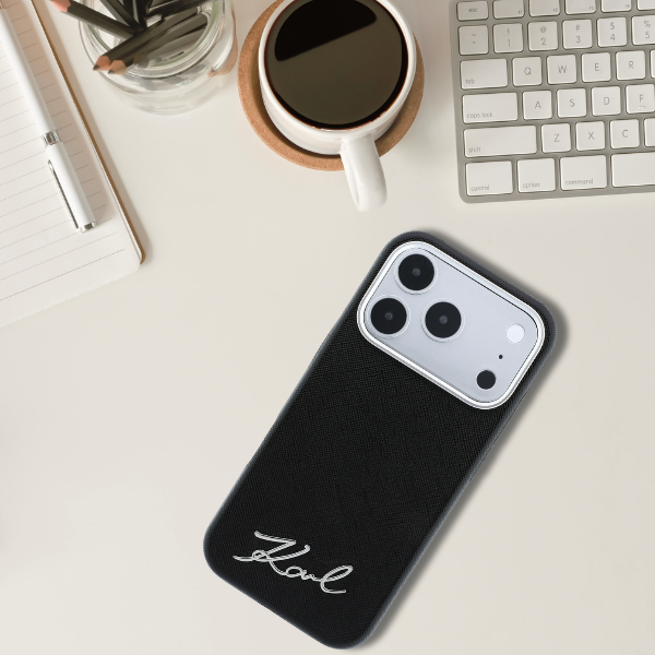 Dėklas Karl Lagerfeld Saffiano Small Script Metal Logo MagSafe Case for iPhone 17 Pro Max / 18 Pro Max - Juodas aprašymas - Prekės nuotrauka