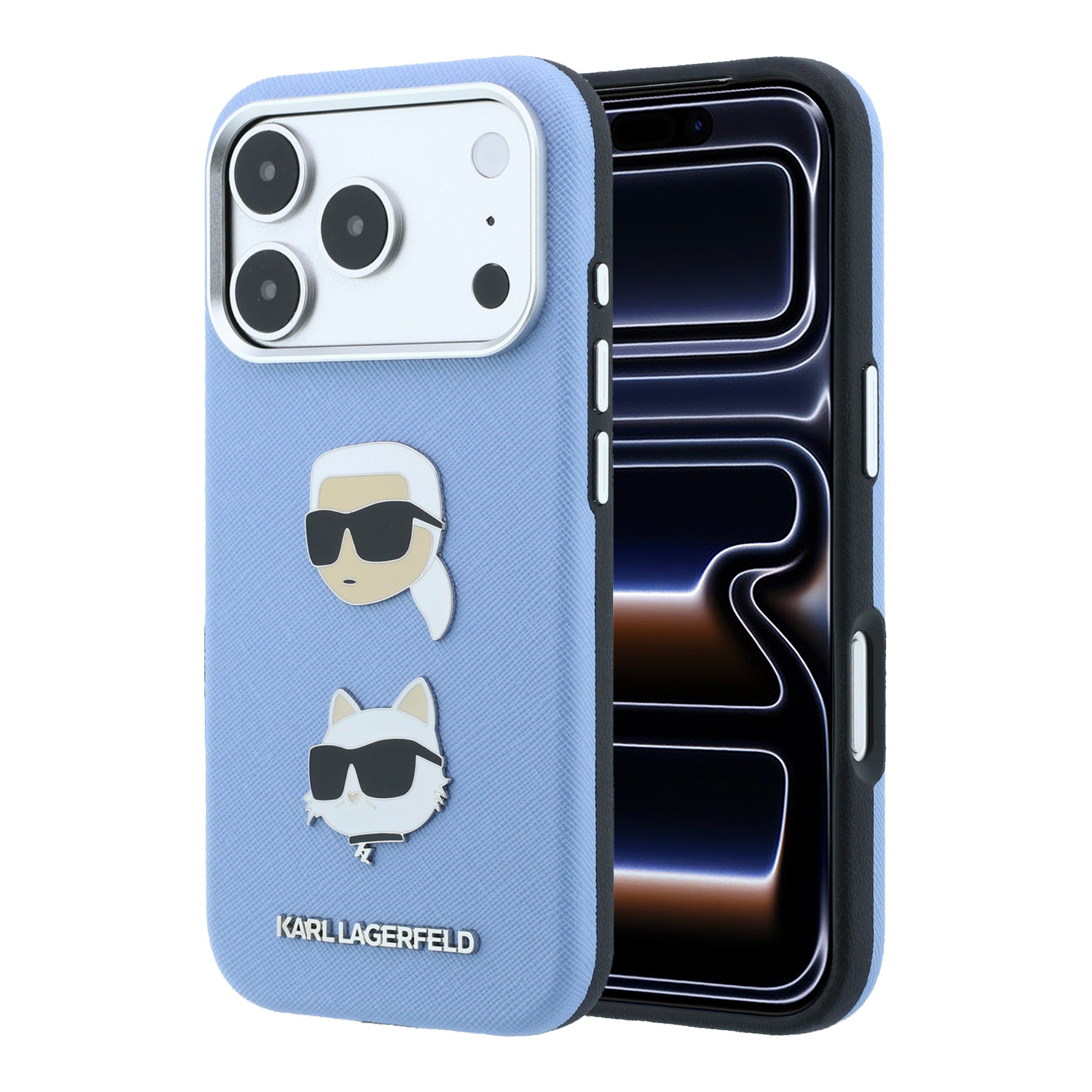 Dėklas Karl Lagerfeld Saffiano with Karl & Choupette Heads Pins & Logo case for iPhone 18 Pro / 17 Pro - light mėlynas aprašymas - Prekės nuotrauka