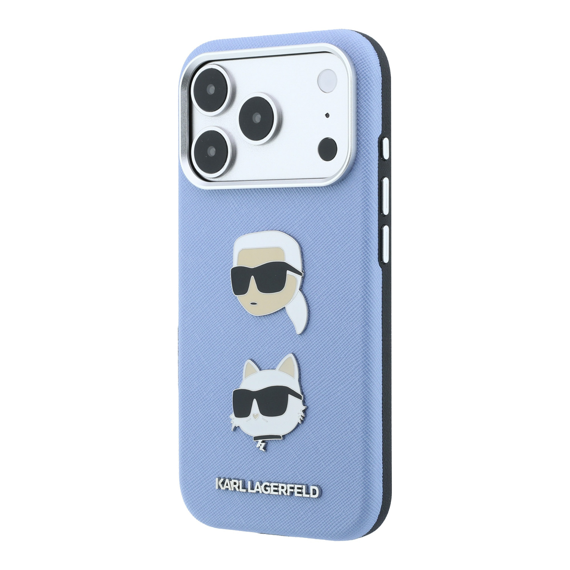 Dėklas Karl Lagerfeld Saffiano with Karl & Choupette Heads Pins & Logo case for iPhone 18 Pro / 17 Pro - light mėlynas aprašymas - Prekės nuotrauka