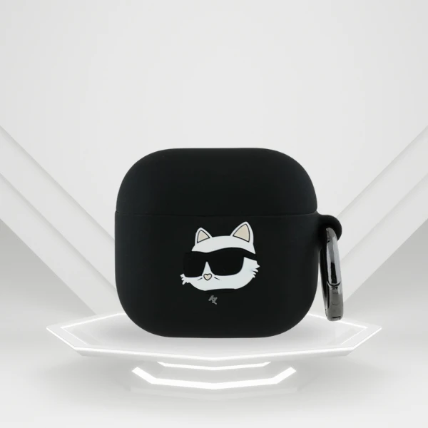 Dėklas Karl Lagerfeld KLA4RUNCHK AirPods 4 cover juodos spalvos silikoninis Choupette Head 3D aprašymas - Prekės nuotrauka