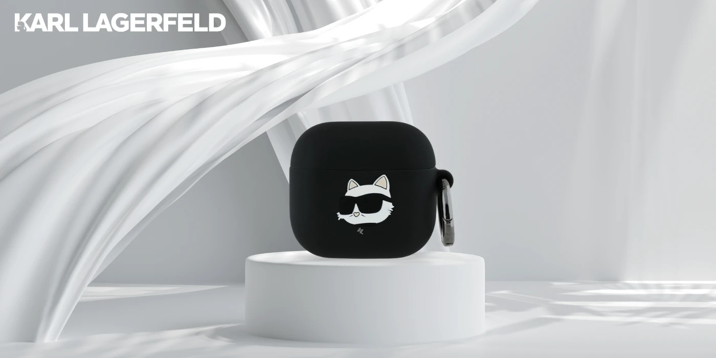 Dėklas Karl Lagerfeld KLA4RUNCHK AirPods 4 cover juodos spalvos silikoninis Choupette Head 3D aprašymas - Prekės nuotrauka