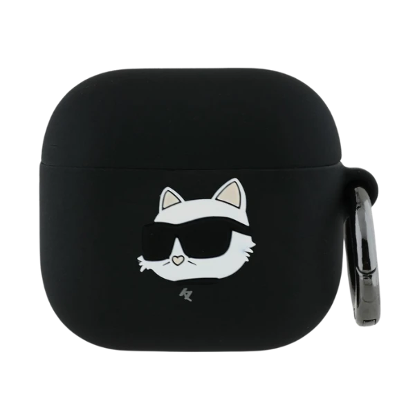 Dėklas Karl Lagerfeld KLA4RUNCHK AirPods 4 cover juodos spalvos silikoninis Choupette Head 3D aprašymas - Prekės nuotrauka