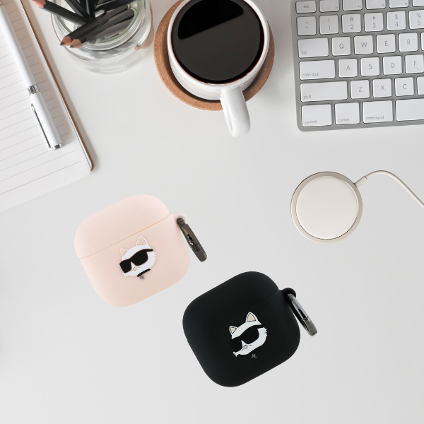Dėklas Karl Lagerfeld KLA4RUNCHP AirPods 4 cover rožinės spalvos silikoninis Choupette Head 3D aprašymas - Prekės nuotrauka