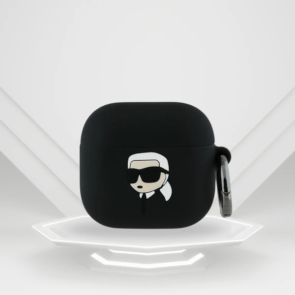 Dėklas Karl Lagerfeld KLA4RUNIKK AirPods 4 cover juodos spalvos silikoninis Karl Head 3D aprašymas - Prekės nuotrauka