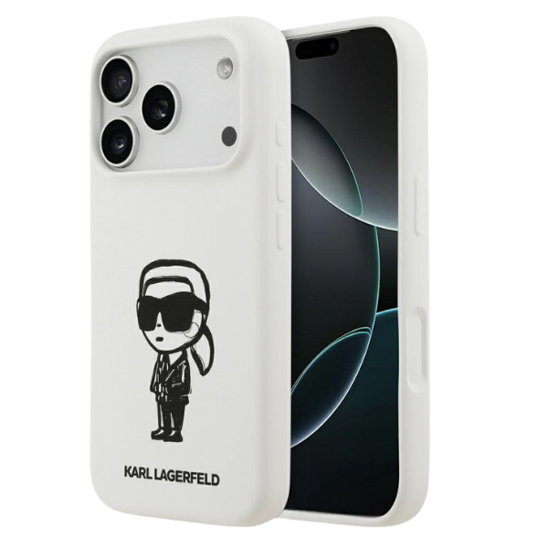 „Karl Lagerfeld“ silikoninis „Karl Sketch & Logo MagSafe“ dėklas, skirtas „iPhone 17 Pro“ – Baltas aprašymas - Prekės nuotrauka