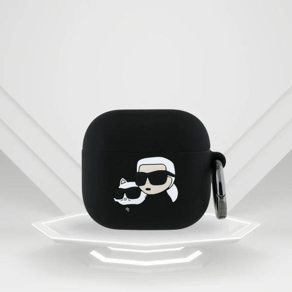 Dėklas Karl Lagerfeld KLA4RUNKCHK AirPods 4 cover juodos spalvos silikoninis Karl&Chaupette Head 3D aprašymas - Prekės nuotrauka