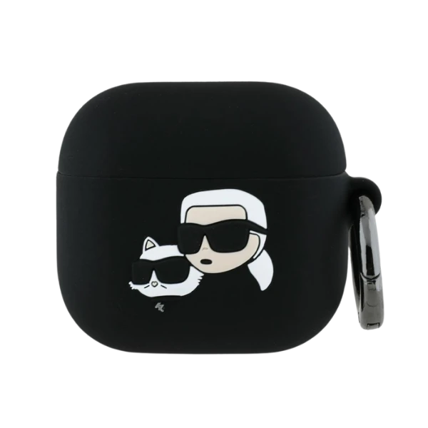 Dėklas Karl Lagerfeld KLA4RUNKCHK AirPods 4 cover juodos spalvos silikoninis Karl&Chaupette Head 3D aprašymas - Prekės nuotrauka