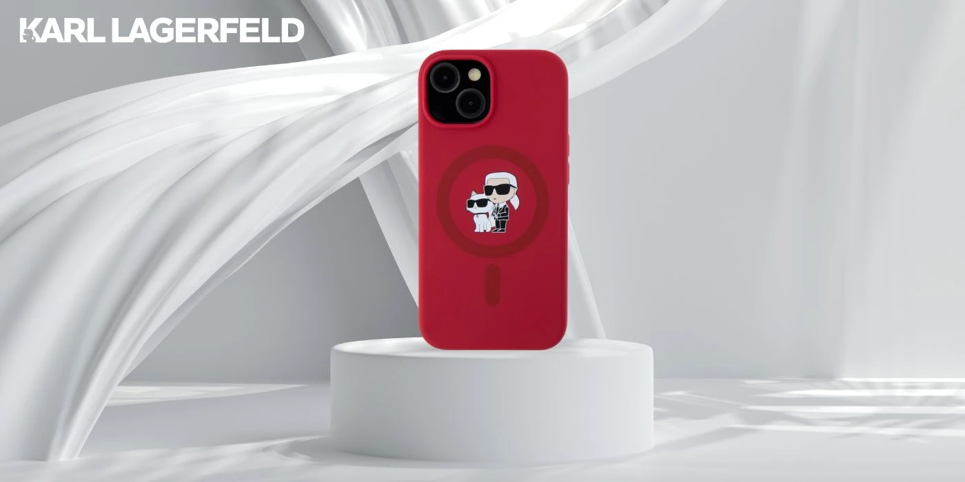 Karl Lagerfeld silikoninis Karl&Choupette Heads Ring MagSafe iPhone 15 dėklas - Raudona aprašymas - Prekės nuotrauka