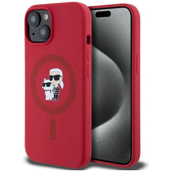 Karl Lagerfeld silikoninis Karl&Choupette Heads Ring MagSafe iPhone 15 dėklas - Raudona aprašymas - Prekės nuotrauka