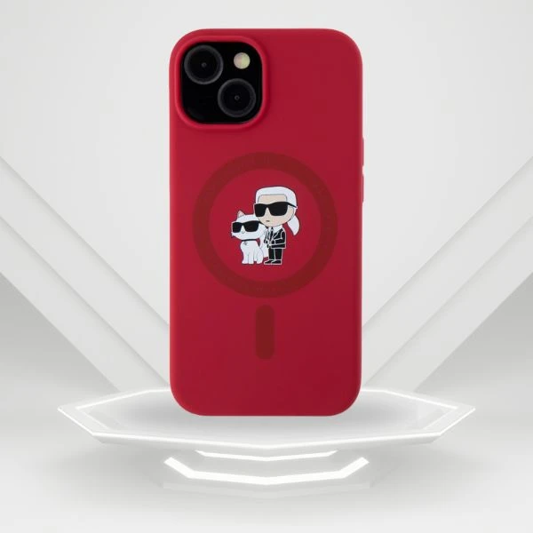 Karl Lagerfeld silikoninis Karl&Choupette Heads Ring MagSafe iPhone 15 dėklas - Raudona aprašymas - Prekės nuotrauka