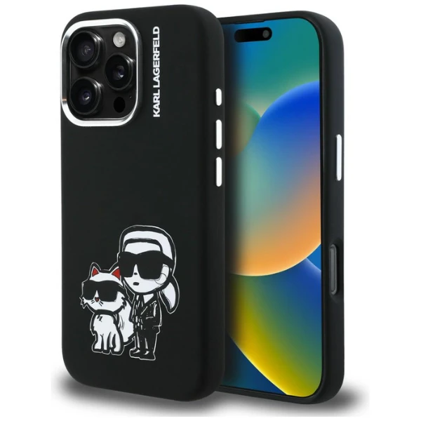 „Karl Lagerfeld“ silikoninis „Karl&Choupette Sketch MagSafe“ dėklas, skirtas „iPhone 16 Pro“ – Juodas aprašymas - Prekės nuotrauka