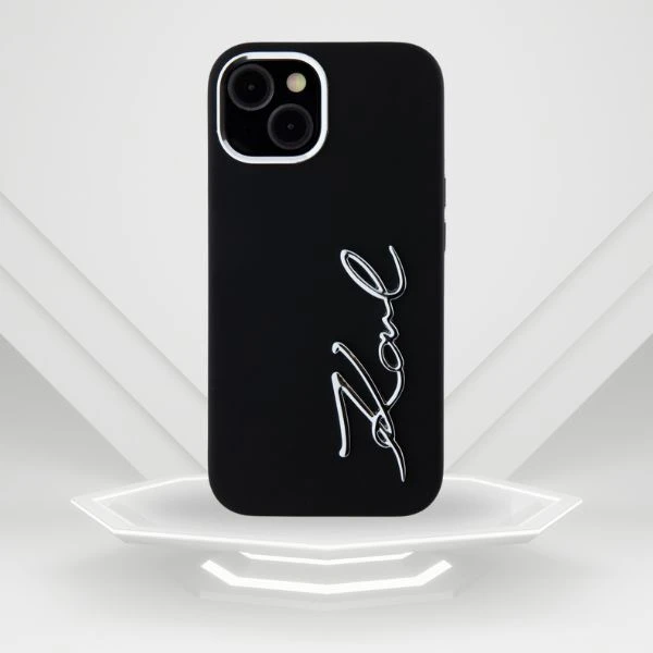 Dėklas Karl Lagerfeld Silicone Metal Script Logo iPhone 15 Case - Juodas aprašymas - Prekės nuotrauka