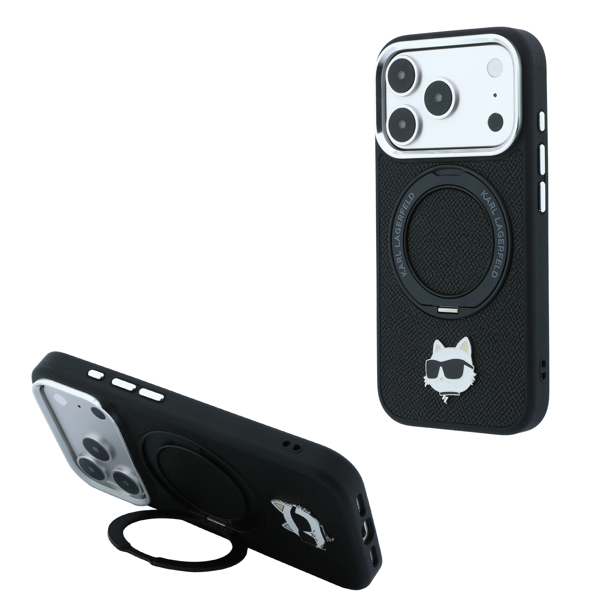 Dėklas Karl Lagerfeld with Ring Stand 360 Choupette Head Pin MagSafe Case for iPhone 18 Pro / 17 Pro - Juodas aprašymas - Prekės nuotrauka