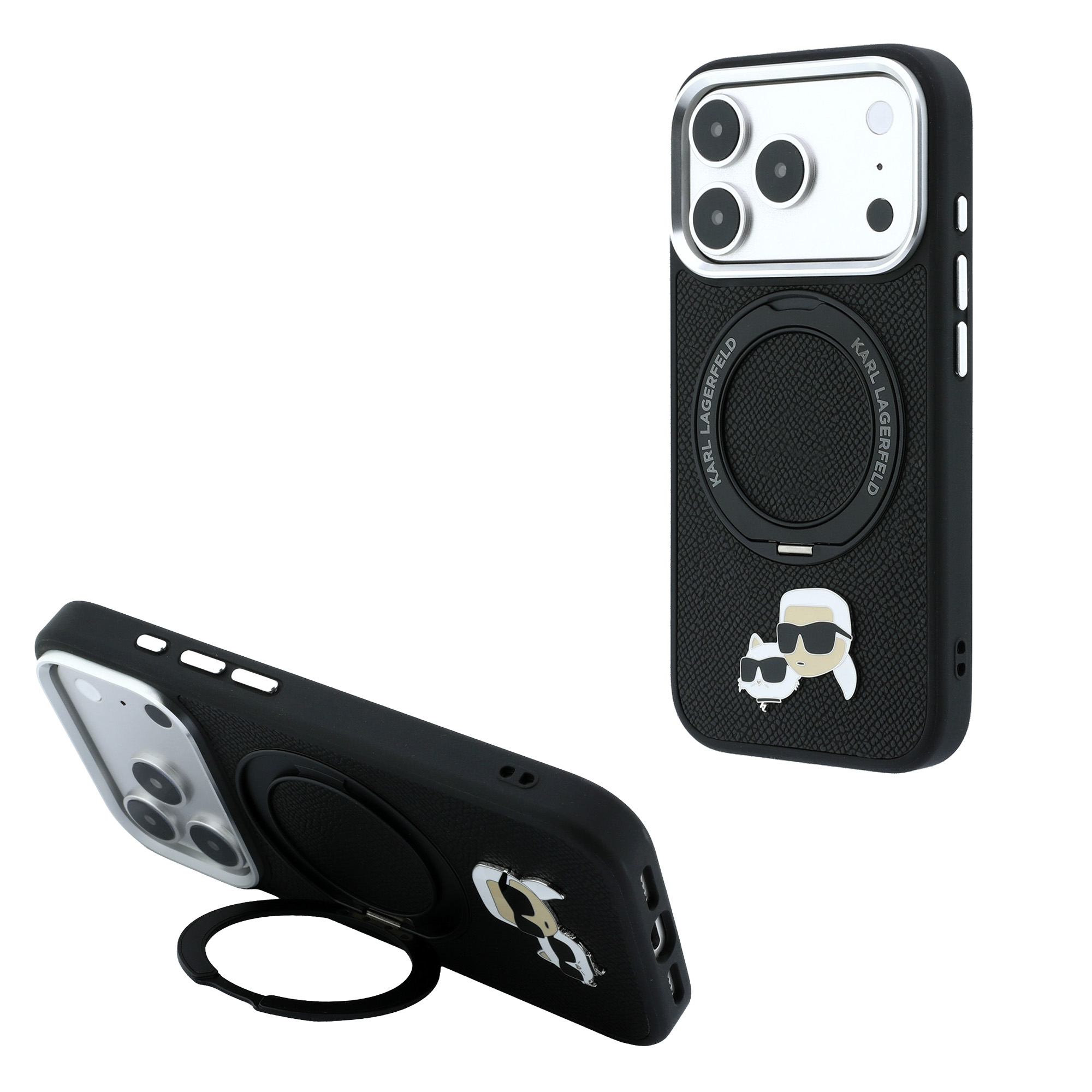 Karl Lagerfeld su žiediniu stovu 360 Karl & Choupette Heads Pin MagSafe dėklas iPhone 18 Pro / 17 Pro - Juodas aprašymas - Prekės nuotrauka