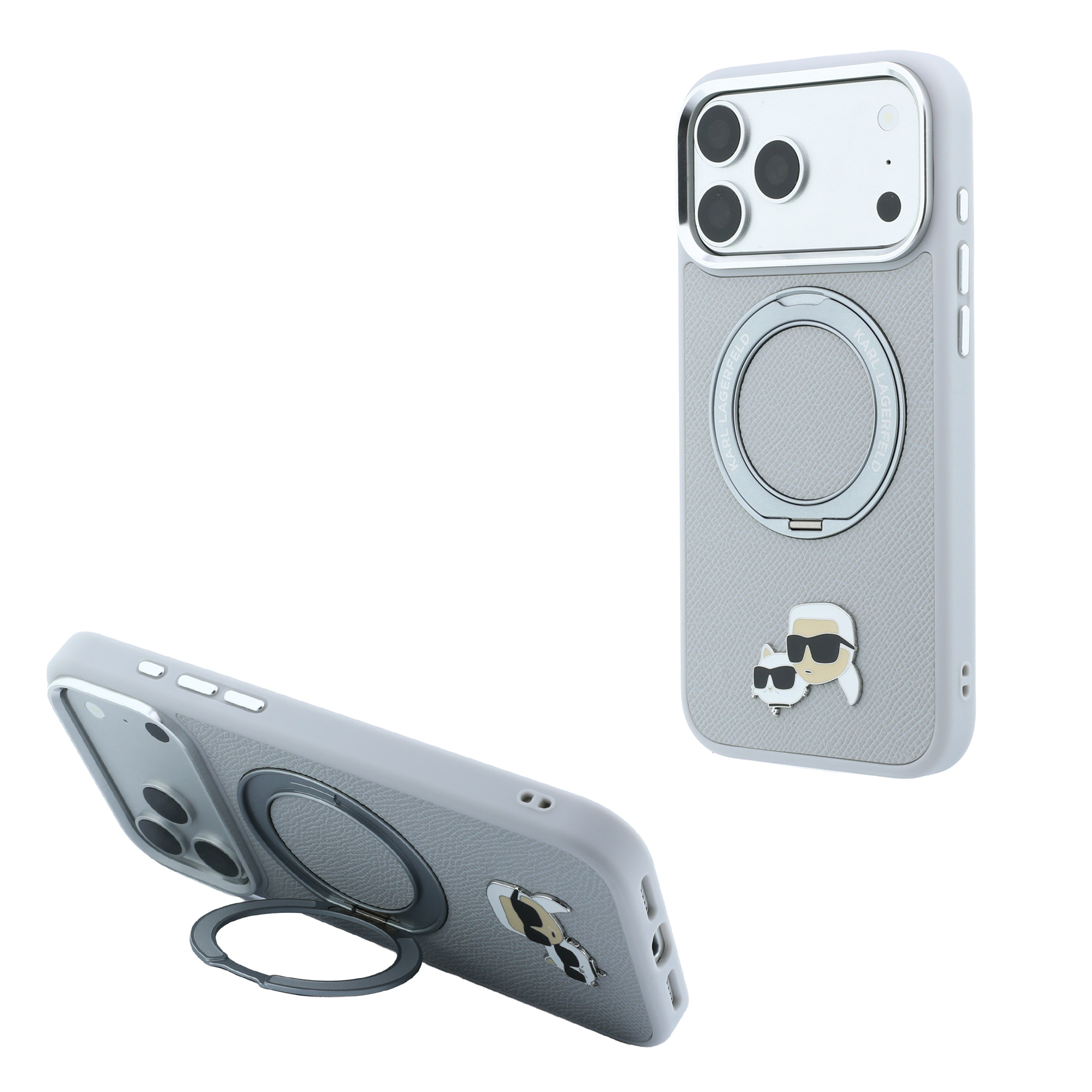 Dėklas Karl Lagerfeld with Ring Stand 360 Karl & Choupette Heads Pin MagSafe Case for iPhone 18 Pro / 17 Pro - Gray aprašymas - Prekės nuotrauka
