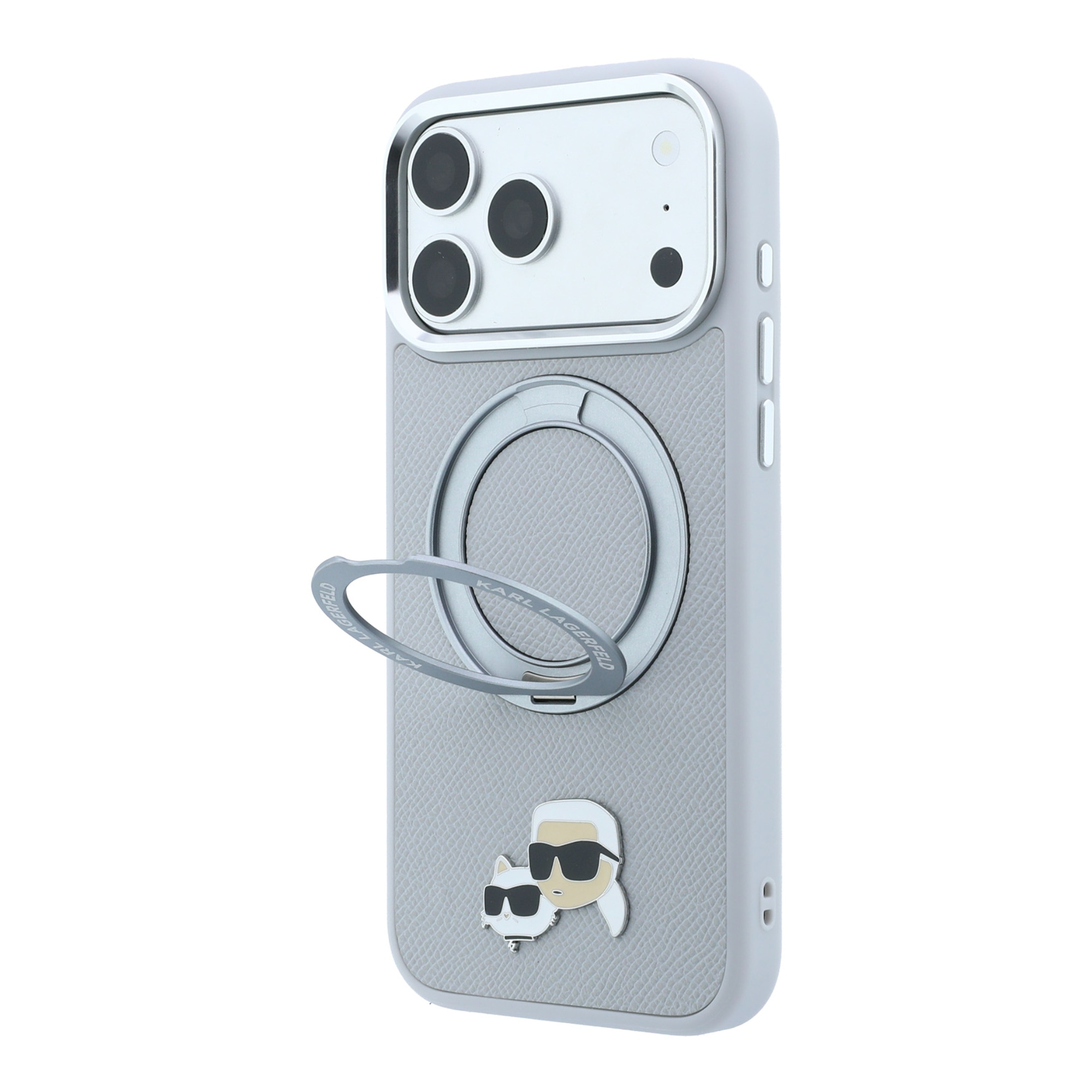 Dėklas Karl Lagerfeld with Ring Stand 360 Karl & Choupette Heads Pin MagSafe Case for iPhone 18 Pro / 17 Pro - Gray aprašymas - Prekės nuotrauka