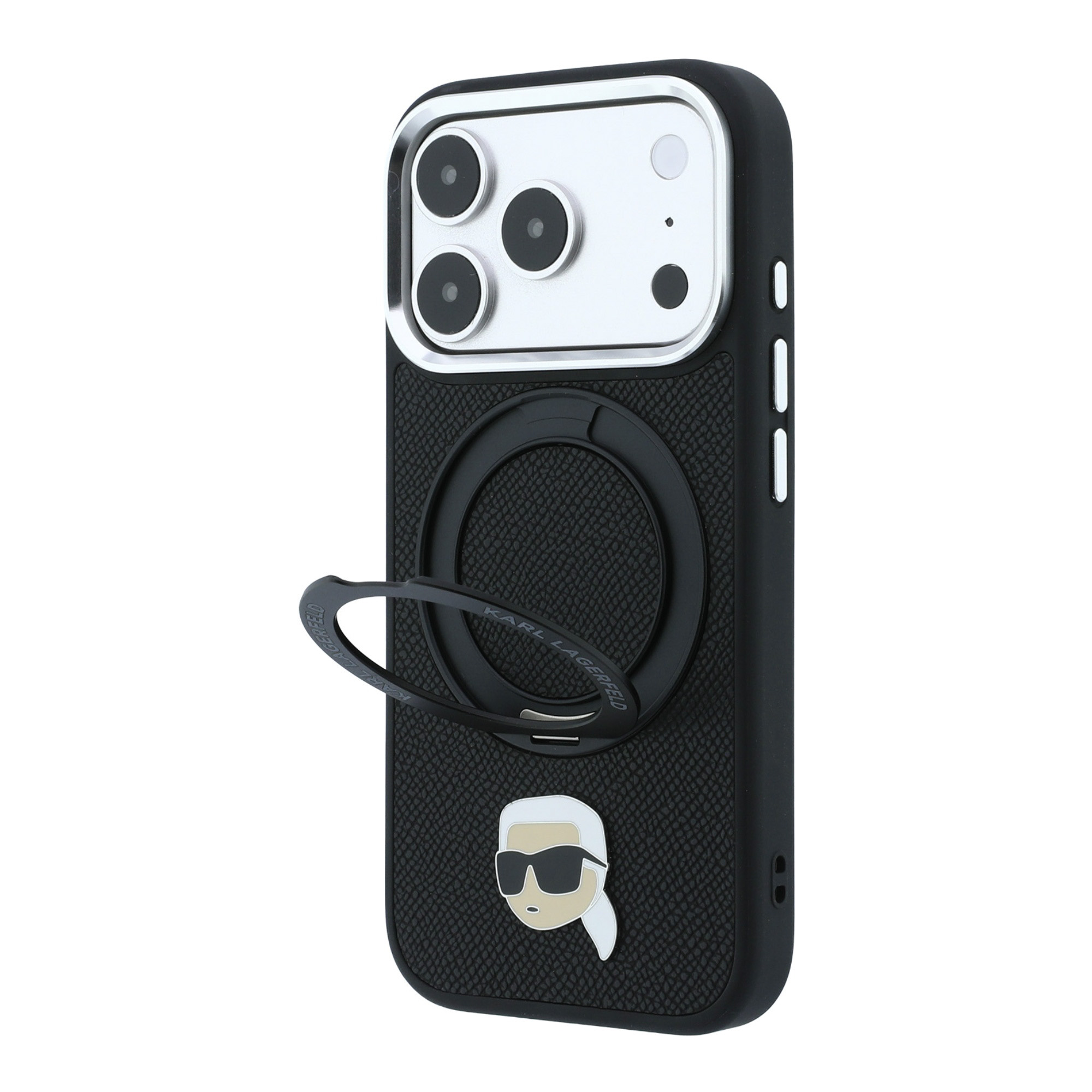 Dėklas Karl Lagerfeld with Ring Stand 360 Karl Head Pin MagSafe Case for iPhone 18 Pro Max / 17 Pro Max - Juodas aprašymas - Prekės nuotrauka