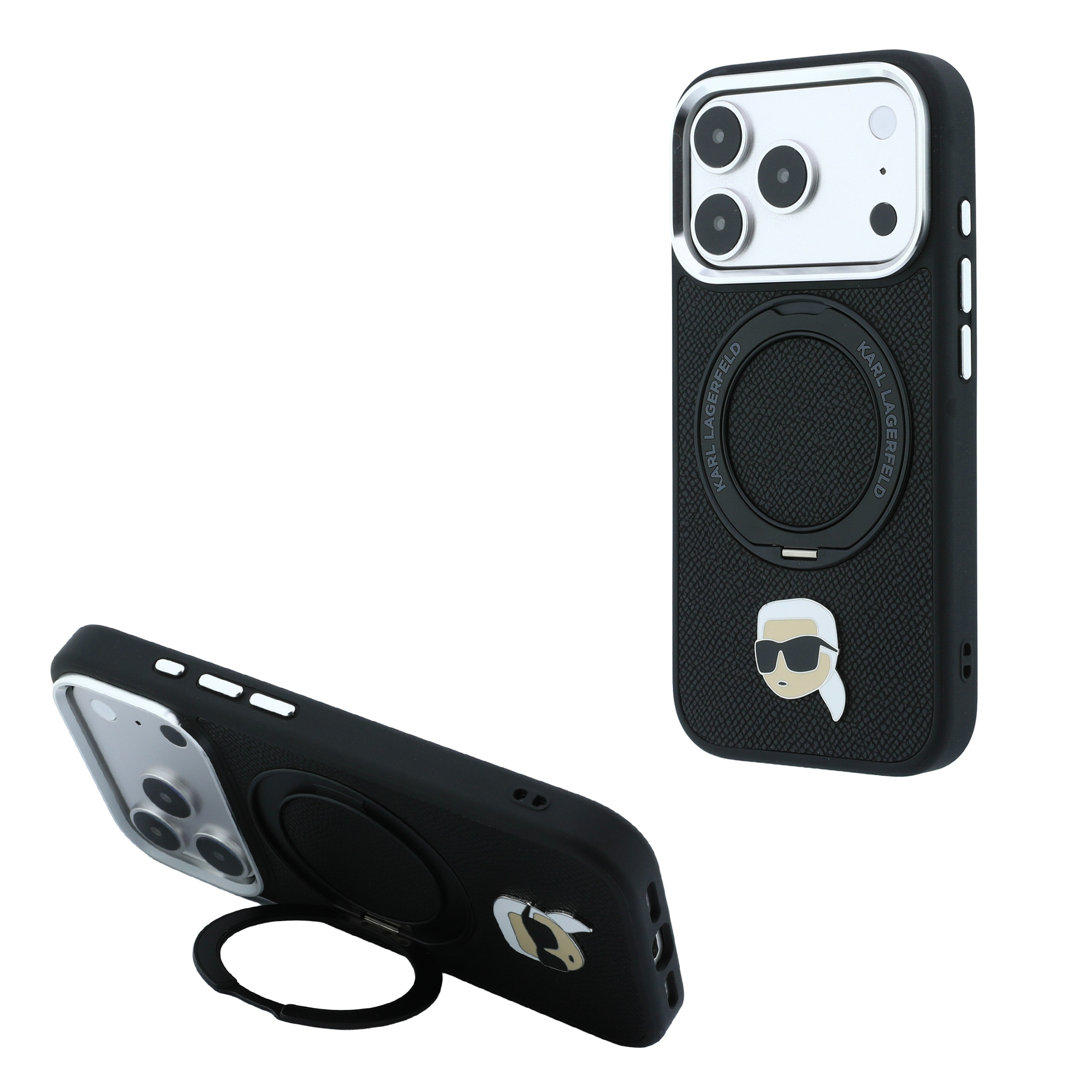 Dėklas Karl Lagerfeld with Ring Stand 360 Karl Head Pin MagSafe Case for iPhone 18 Pro Max / 17 Pro Max - Juodas aprašymas - Prekės nuotrauka