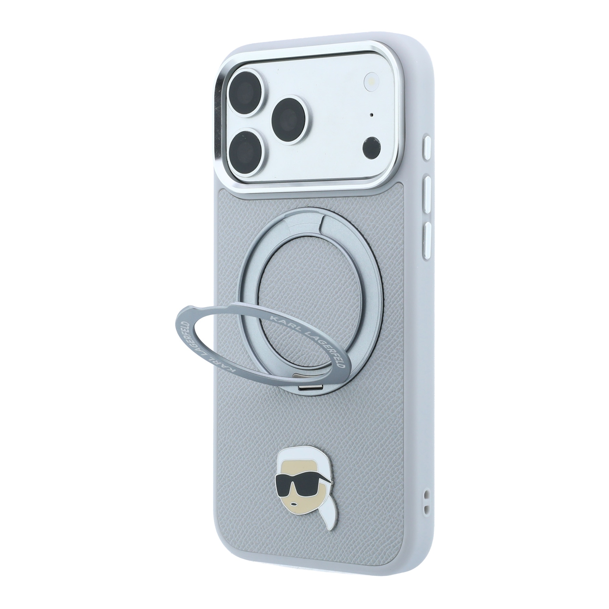 Dėklas Karl Lagerfeld with Ring Stand 360 Karl Head Pin MagSafe Case for iPhone 18 Pro Max / 17 Pro Max - Gray aprašymas - Prekės nuotrauka