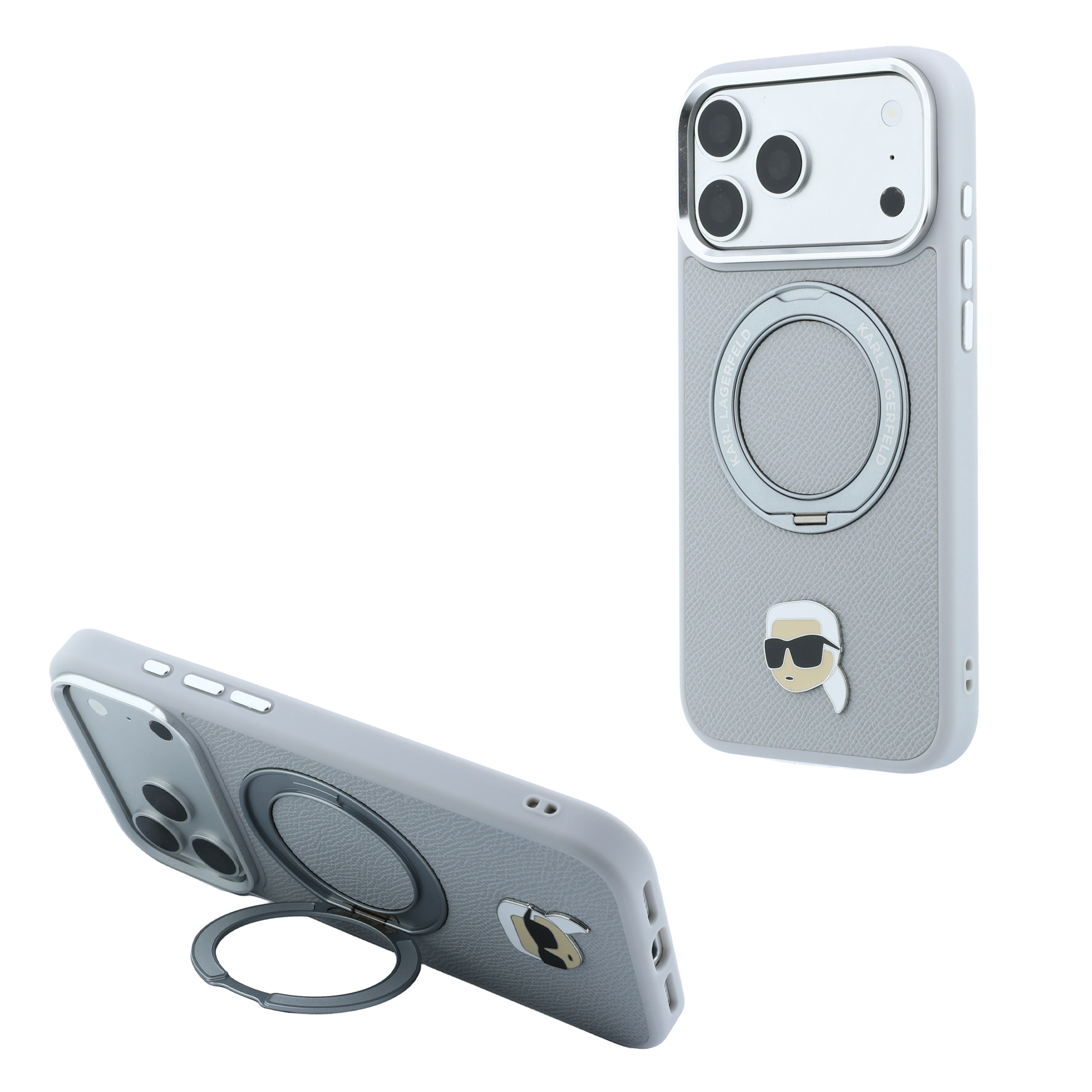 Dėklas Karl Lagerfeld with Ring Stand 360 Karl Head Pin MagSafe Case for iPhone 18 Pro Max / 17 Pro Max - Gray aprašymas - Prekės nuotrauka