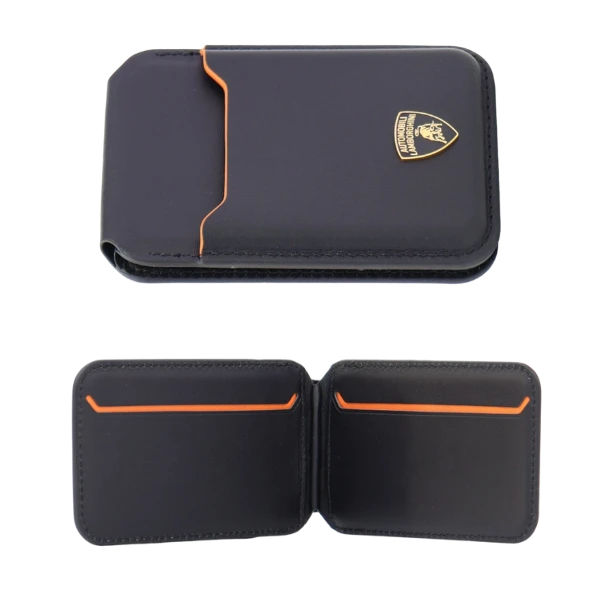 Dėklas Audi Lamborghini D1 Genuine Leather MagSafe mobile phone wallet - juodas and oranžinis aprašymas - Prekės nuotrauka