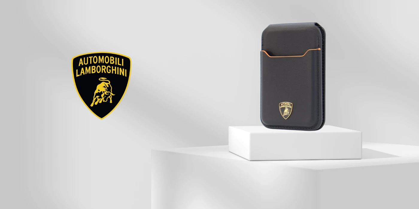 Dėklas Audi Lamborghini D1 Genuine Leather MagSafe mobile phone wallet - juodas and oranžinis aprašymas - Prekės nuotrauka