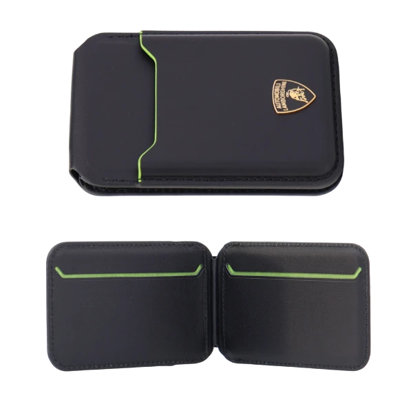 Dėklas Audi Lamborghini D1 Genuine Leather MagSafe Phone Wallet - Juodas and Žalias aprašymas - Prekės nuotrauka