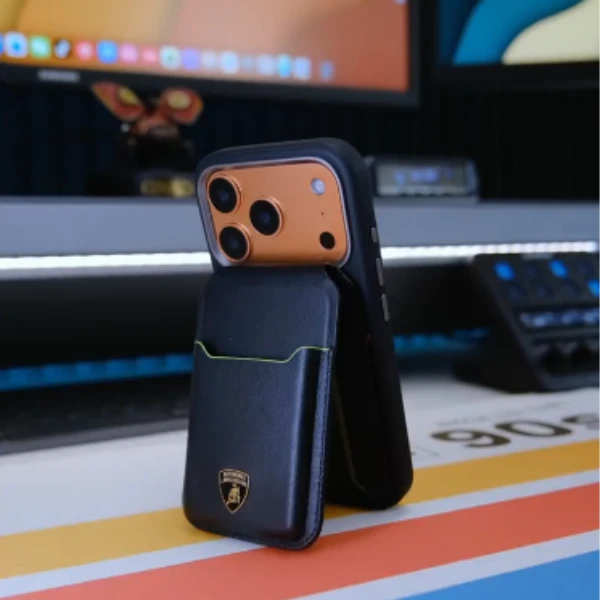 Dėklas Audi Lamborghini D1 Genuine Leather MagSafe Phone Wallet - Juodas and Žalias aprašymas - Prekės nuotrauka