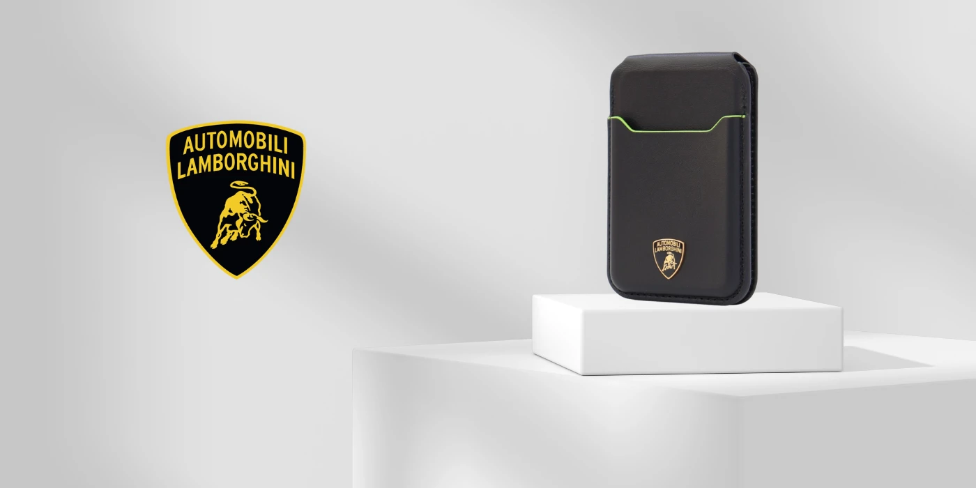 Dėklas Audi Lamborghini D1 Genuine Leather MagSafe Phone Wallet - Juodas and Žalias aprašymas - Prekės nuotrauka