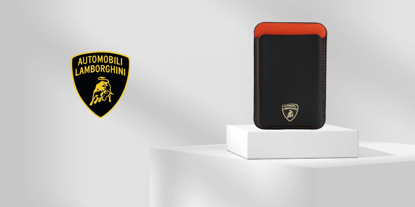 Audi Lamborghini Urus D8 Genuine Leather MagSafe Magnetic Phone Wallet - Juodas and Raudona aprašymas - Prekės nuotrauka