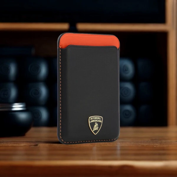 Audi Lamborghini Urus D8 Genuine Leather MagSafe Magnetic Phone Wallet - Juodas and Raudona aprašymas - Prekės nuotrauka
