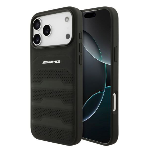 Dėklas Mercedes AMG Leather Debossed Lines Logo Case for iPhone 18 Pro Max / 17 Pro Max - Juodas aprašymas - Prekės nuotrauka