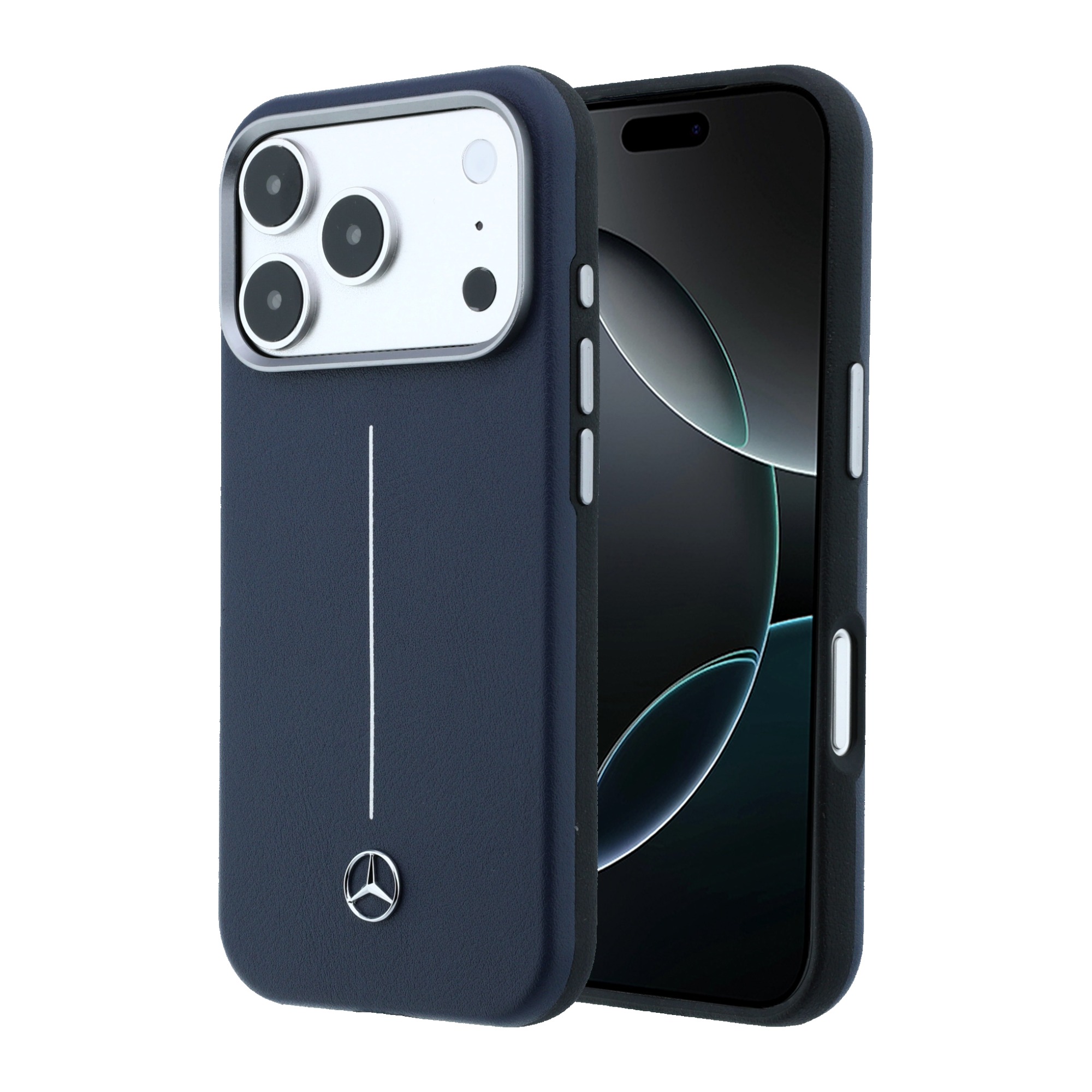 „Mercedes“ odinis pusiau apvyniojamas „Iconic Line MagSafe“ dėklas, skirtas „iPhone 17 Pro Max“ – tamsiai mėlynas Mėlyna aprašymas - Prekės nuotrauka