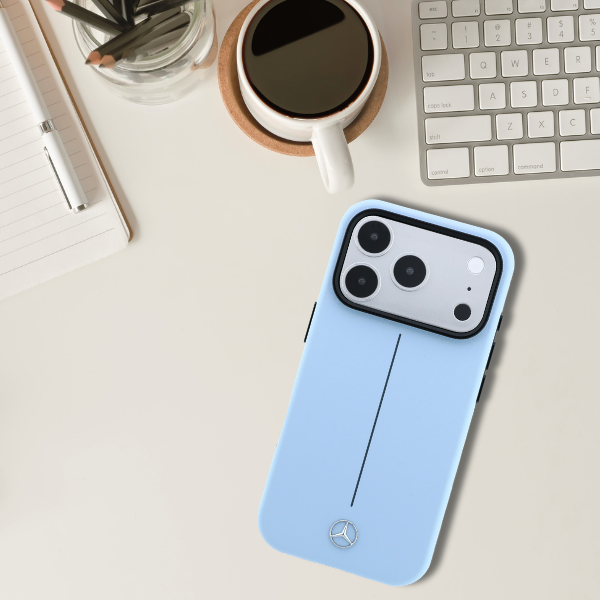 Dėklas Mercedes Leather Semi Wrap Iconic Line MagSafe Case for iPhone 18 Pro / 17 Pro – Mėlyna aprašymas - Prekės nuotrauka