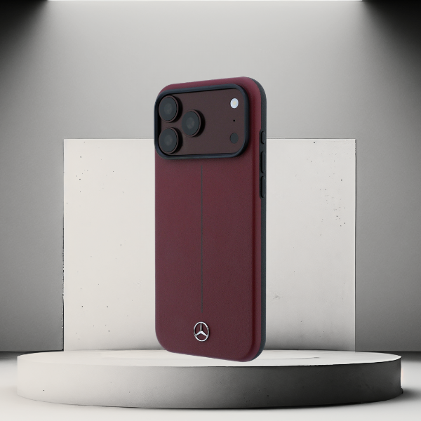 Dėklas Mercedes Leather Semi Wrap Iconic Line MagSafe Case for iPhone 18 Pro / 17 Pro - Burgundy aprašymas - Prekės nuotrauka