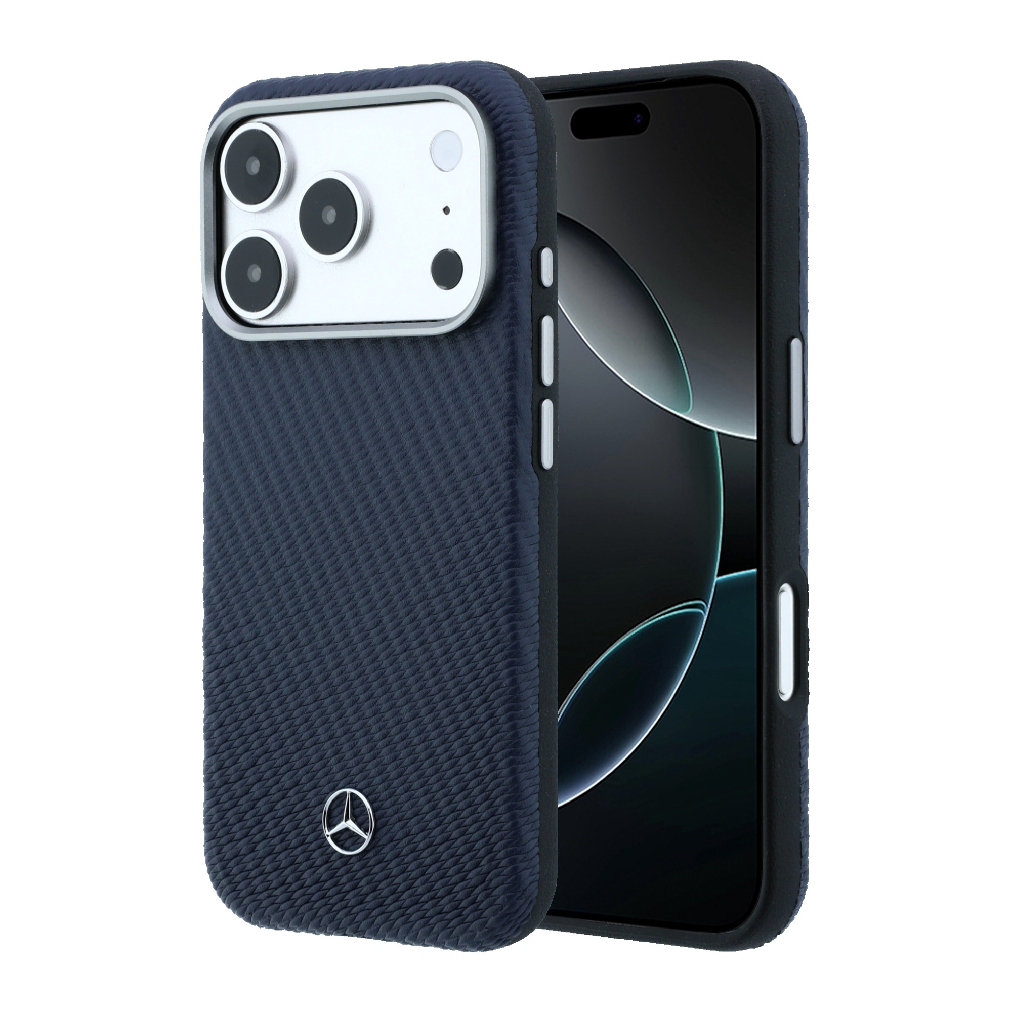 Dėklas Mercedes Leather Semi Wrap Wood Effect MagSafe Case for iPhone 17 Pro Max - Navy Mėlyna aprašymas - Prekės nuotrauka