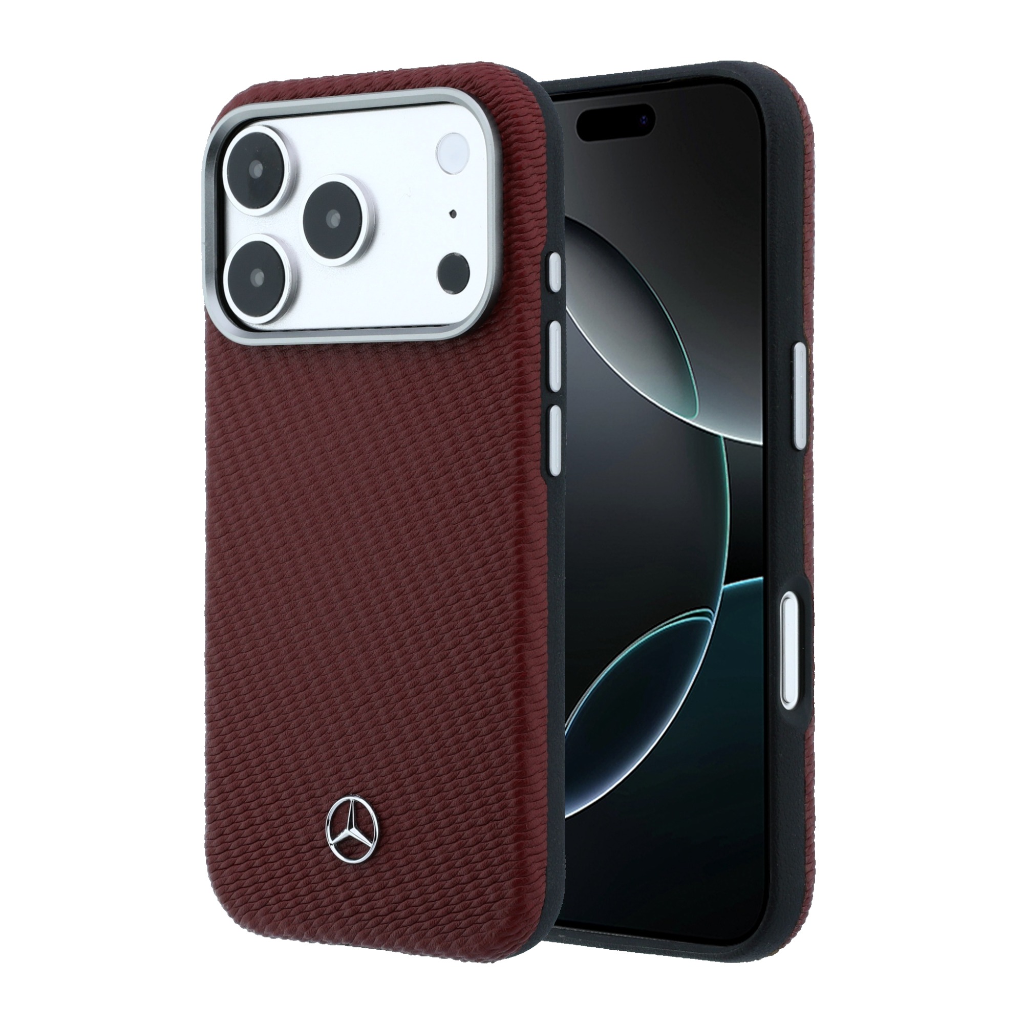 Dėklas Mercedes Leather Semi Wrap Wood Effect MagSafe Case for iPhone 17 Pro Max - Raudona aprašymas - Prekės nuotrauka