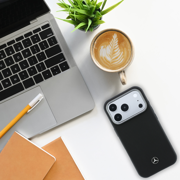 Dėklas Mercedes Leather Semi Wrap Wood Effect MagSafe Case for iPhone 17 Pro Max - Juodas aprašymas - Prekės nuotrauka