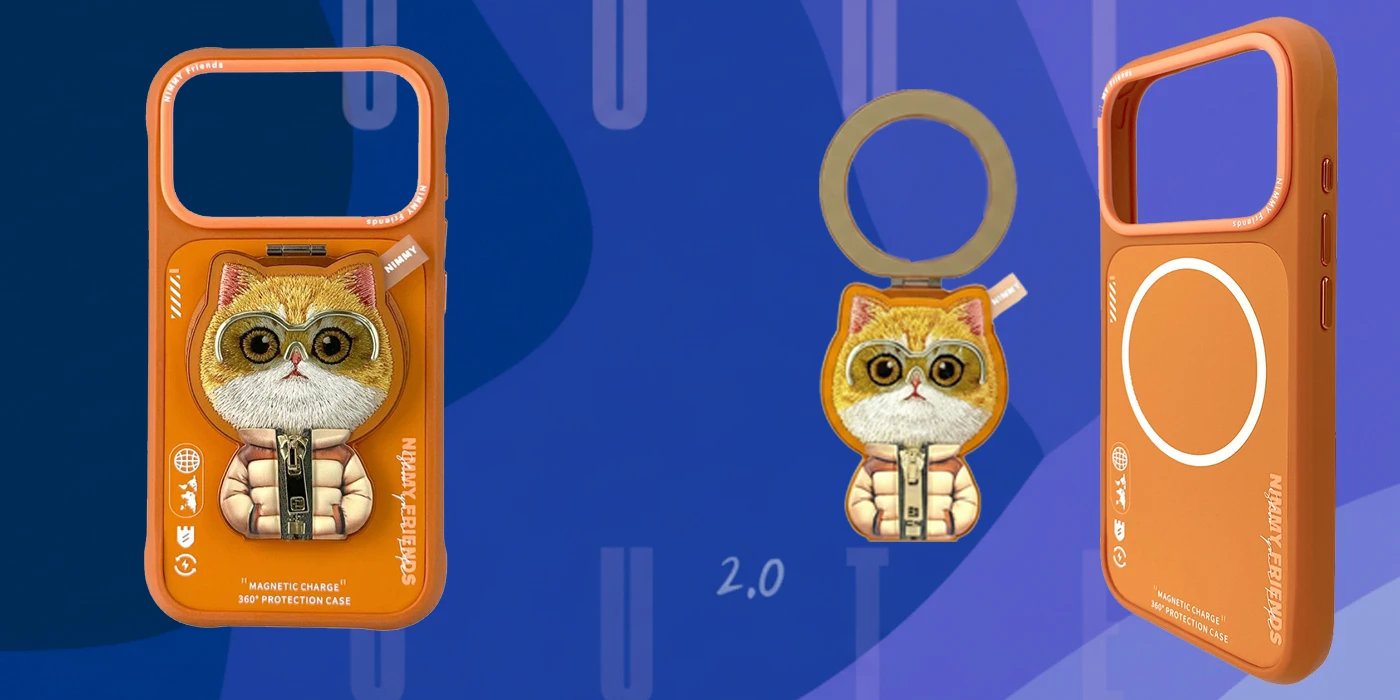 „Nimmy Cool&Cute 2.0“ katės formos dėklas, skirtas „iPhone 17 Pro Max“, su magnetiniu laikikliu – oranžinis aprašymas - Prekės nuotrauka
