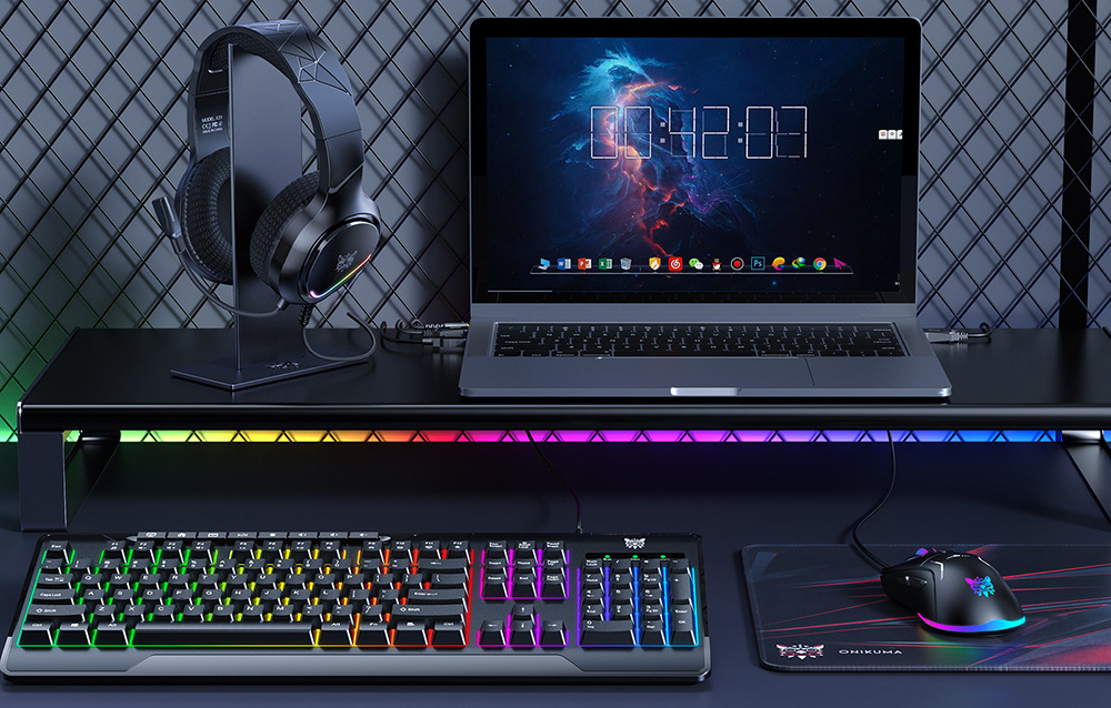 Onikuma TZ5008 5-in-1 Gaming Set: Keyboard + Mouse + Headset + Mouse Pad + Stand aprašymas - Prekės nuotrauka