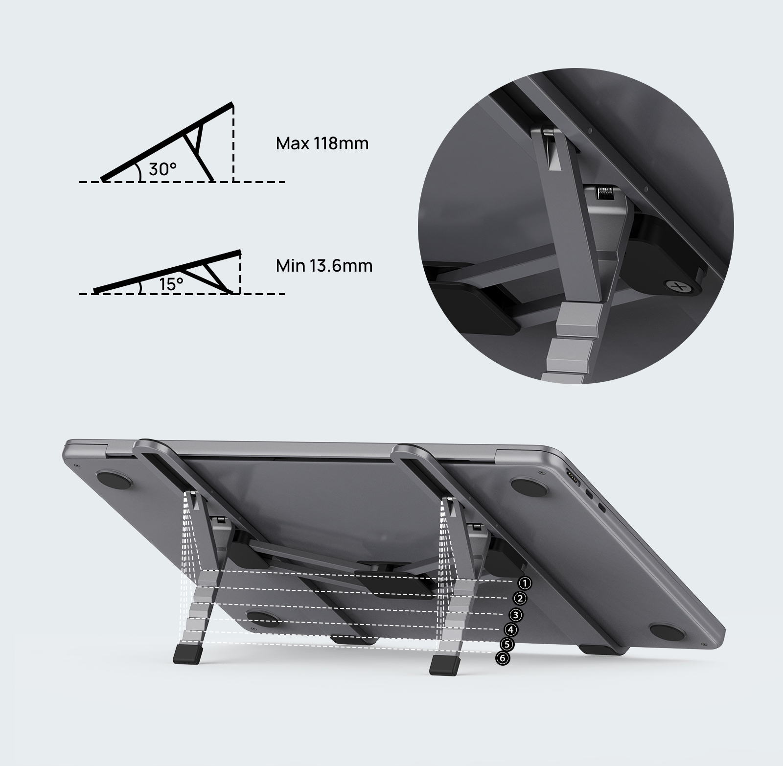 SODI 315 Adjustable Foldable Nešiojamas kompiuteris Stand pilka aprašymas - Prekės nuotrauka SODI 315 Adjustable Foldable Nešiojamas kompiuteris Stand pilka aprašymas - Prekės nuotrauka