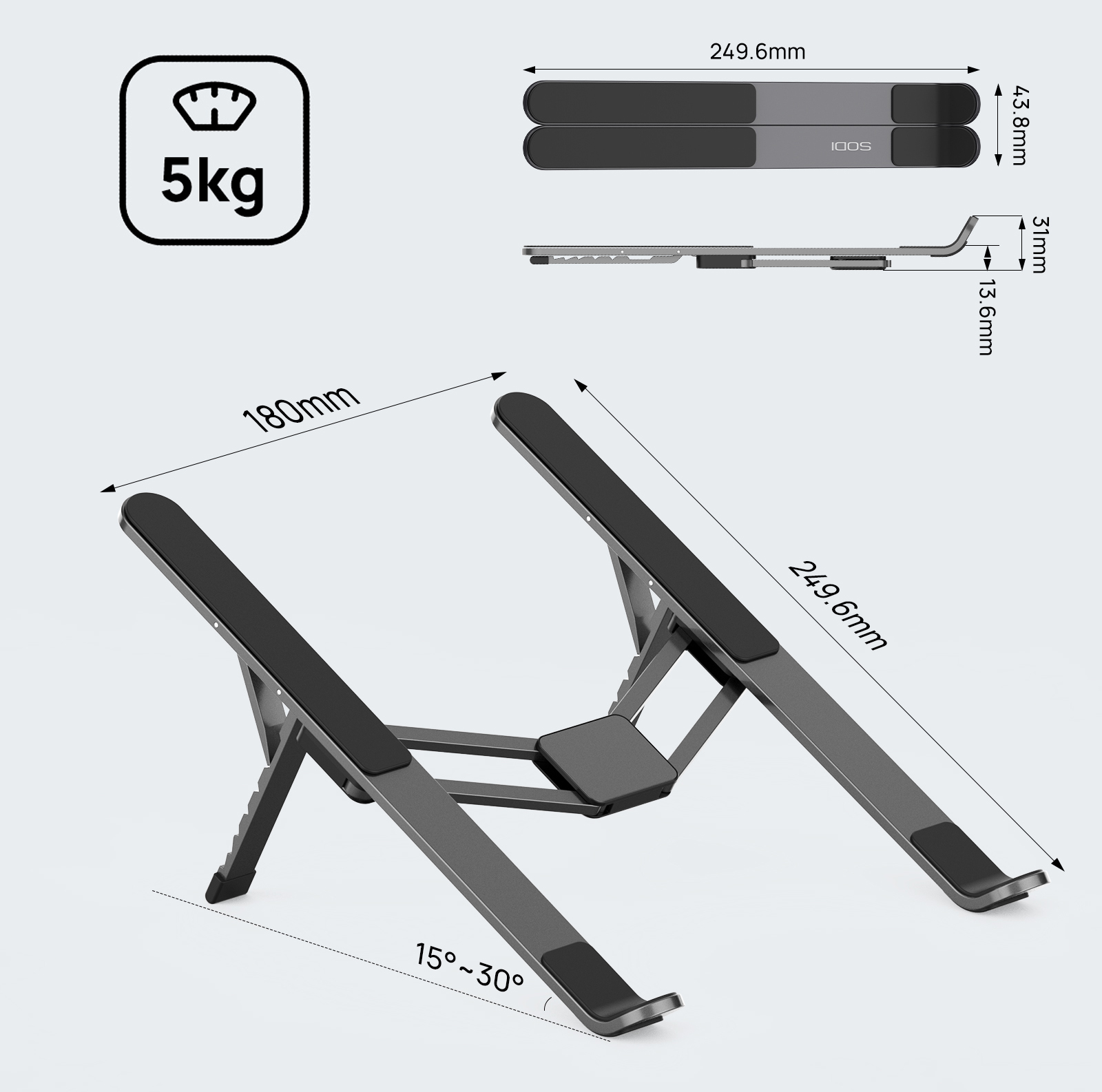 SODI 315 Adjustable Foldable Nešiojamas kompiuteris Stand pilka aprašymas - Prekės nuotrauka SODI 315 Adjustable Foldable Nešiojamas kompiuteris Stand pilka aprašymas - Prekės nuotrauka