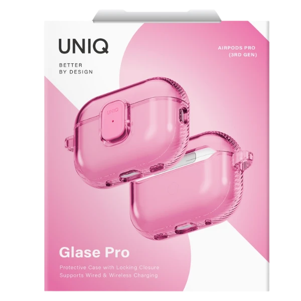 Dėklas Uniq Glase Pro Case for AirPods Pro 3 Lock Case - Transparent Rožinė aprašymas - Prekės nuotrauka
