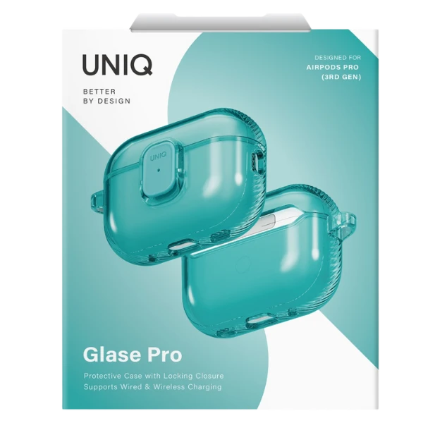 „Uniq Glase Pro“ dėklas, skirtas „AirPods Pro 3“ ausinėms, su užraktu – permatomas Mėlyna aprašymas - Prekės nuotrauka