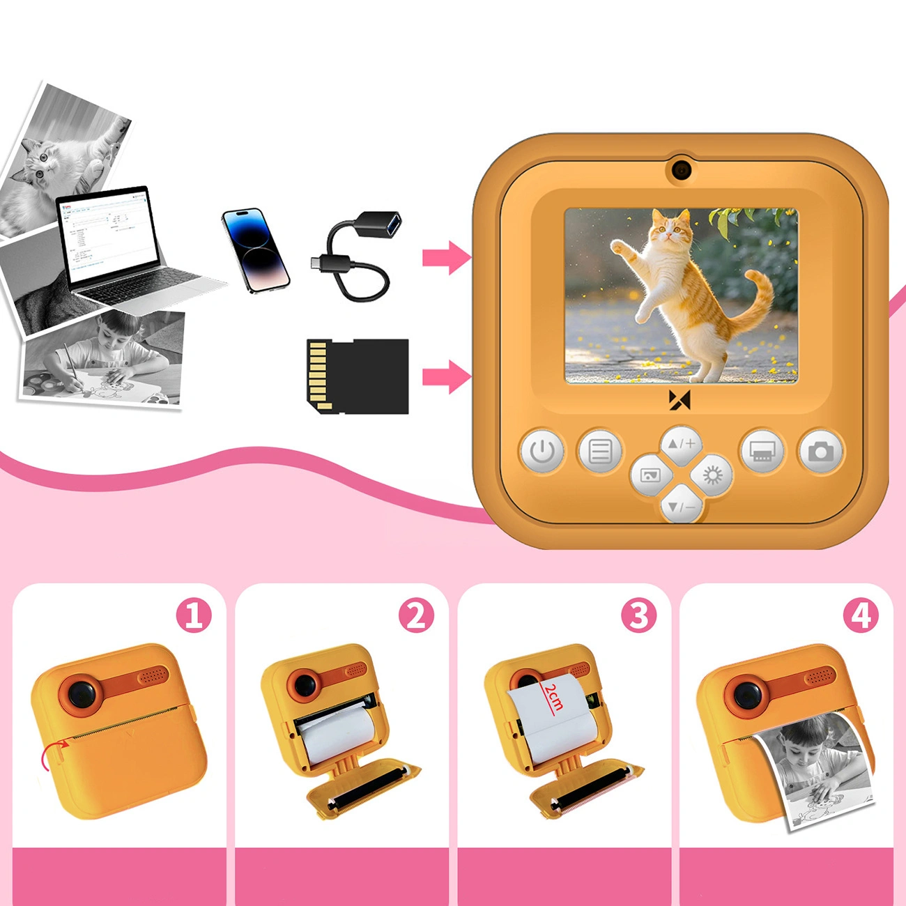 Wozinsky WDT-05 Thermal Spausdintuvas Camera for Kids - Oranžinis aprašymas - Prekės nuotrauka