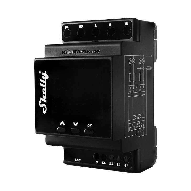 Shelly Pro 4PM 4 kanalų DIN bėgio relė jungiklis su Wi-Fi, LAN ir Bluetooth ryšiu