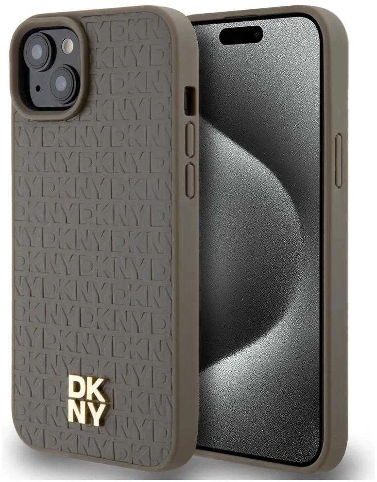 DKNY DKHMP15SPSHRPSW Apple iPhone 15 14 13 6.1 inch rudos spalvos kietas dėklas Leather Pattern Metal Logo MagSafe
