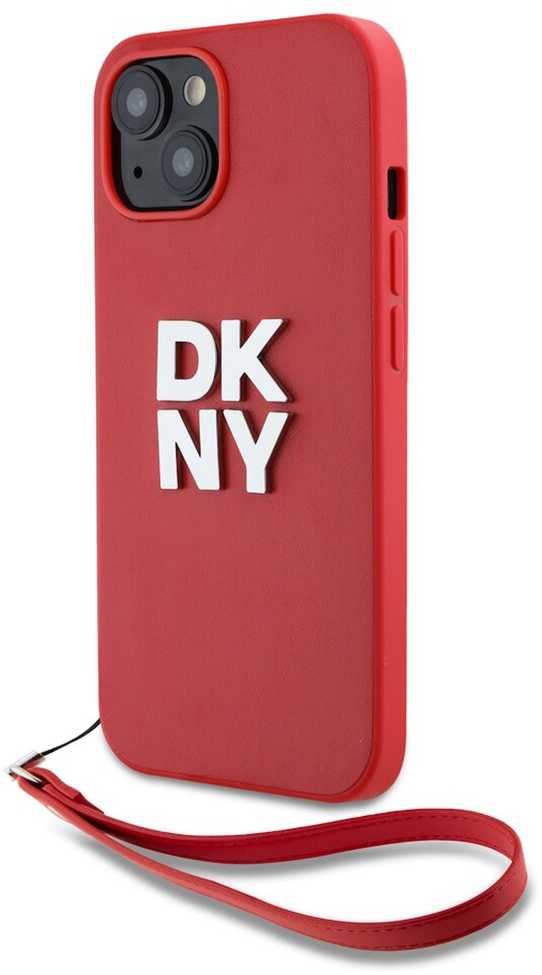 DKNY PU Leather Stack Logo Wrist Strap dėklas telefonui Apple iPhone 15 raudonos spalvos