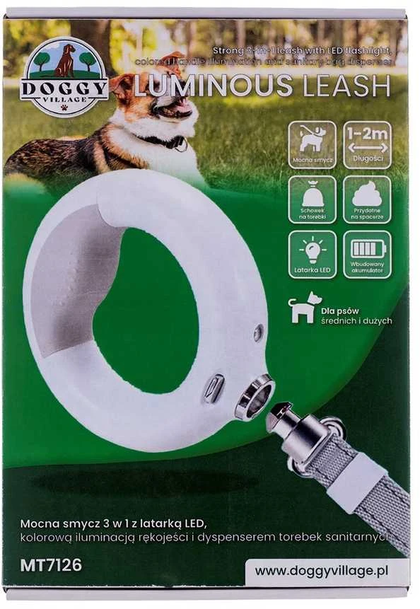 Doggy Village LUMINOUS Pavadėlis – stiprus 3 viename pavadėlis su LED žibintuvėliu, spalvotu rankenos apšvietimu ir higieninio maišelio dozatoriumi vidutiniams ir dideliems šunims, baltas