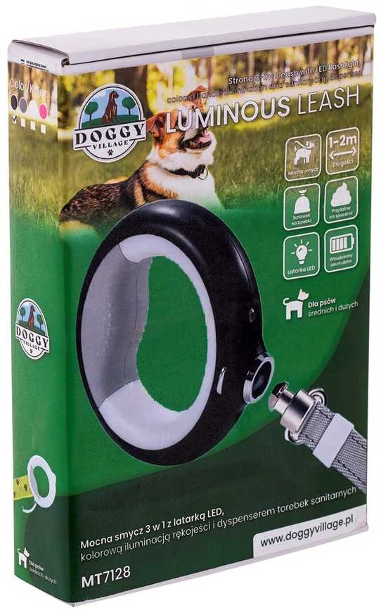Doggy Village LUMINOUS Pavadėlis - stiprus 3 viename pavadėlis su LED žibintuvėliu, spalvotu rankenos apšvietimu ir higieninio maišelio dozatoriumi vidutiniams ir dideliems šunims, juodas